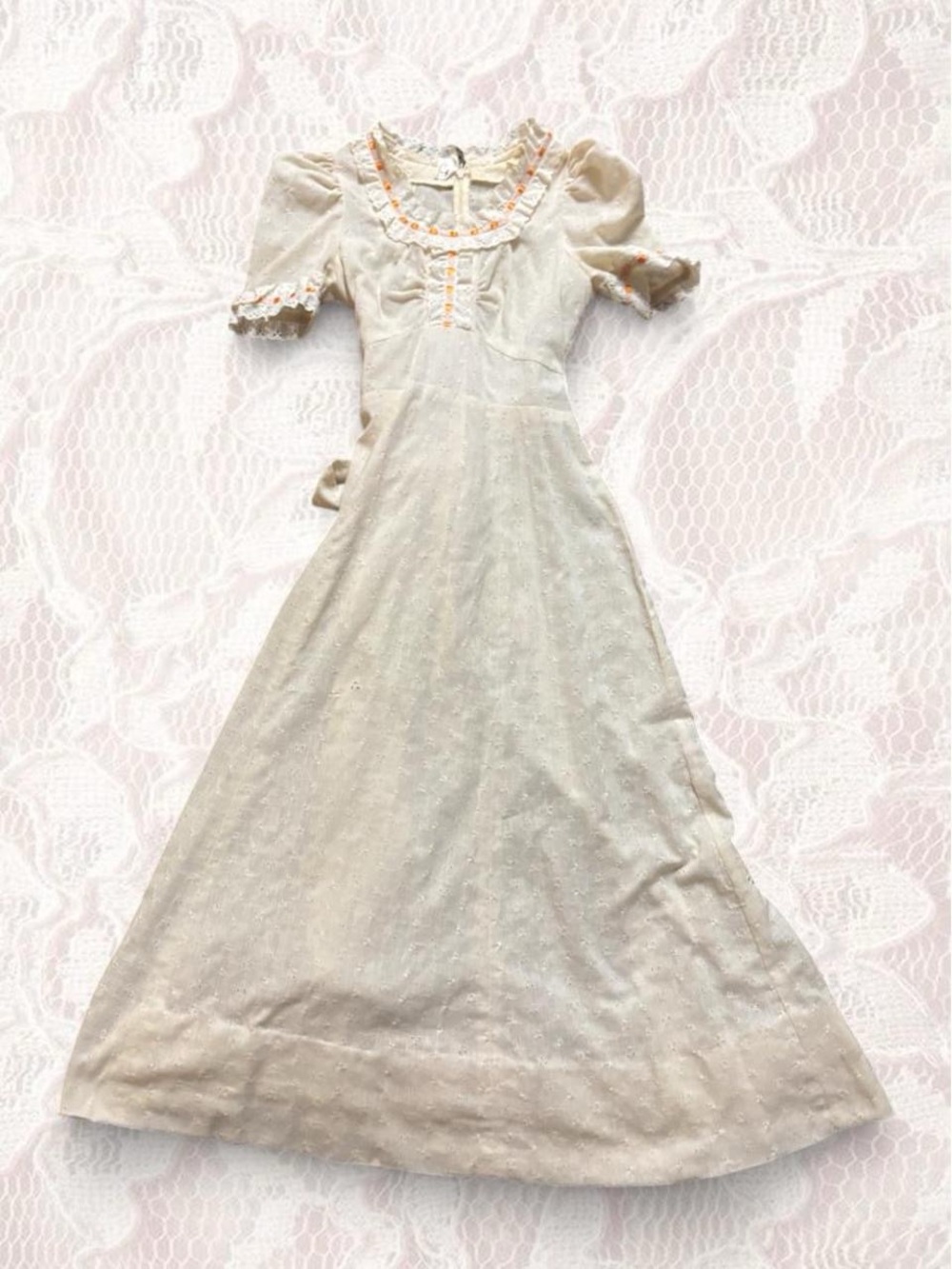 True vintage 1970s Cream eyelet dress with orange trim and lace details